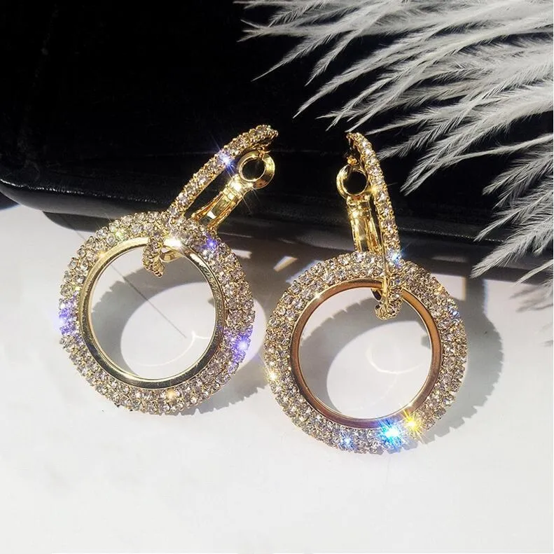 Bling Femmes Goujons Créoles Double Cercle Boucles D'oreilles Cadeau Or Rose Argent Mode Design Élégant Cristal Strass Dangle Glacé Aiguille En Argent Charme Bijoux