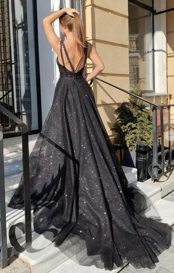 A Line V Neck Backless Black Velvet Long Prom Dresses, V Neck Black Fo –  Eip Collection