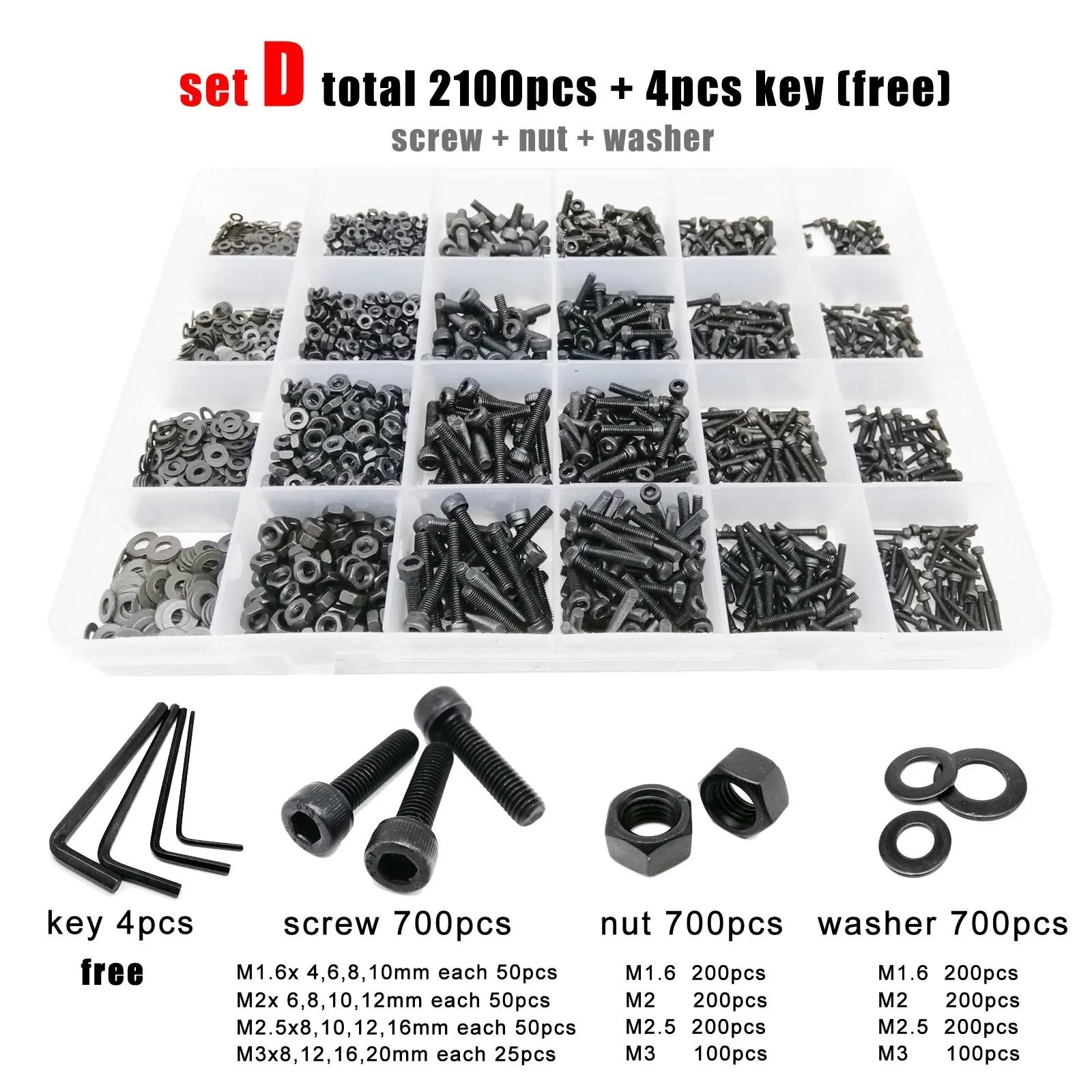 Pièces d'outils 4002100pc M1.6 M2 M2.5 M3 M4 M5 Noir Grade 12.9 Acier à six pans creux Vis à tête hexagonale Boulon Écrou Rondelle Assortiment Kit Boîte 230419