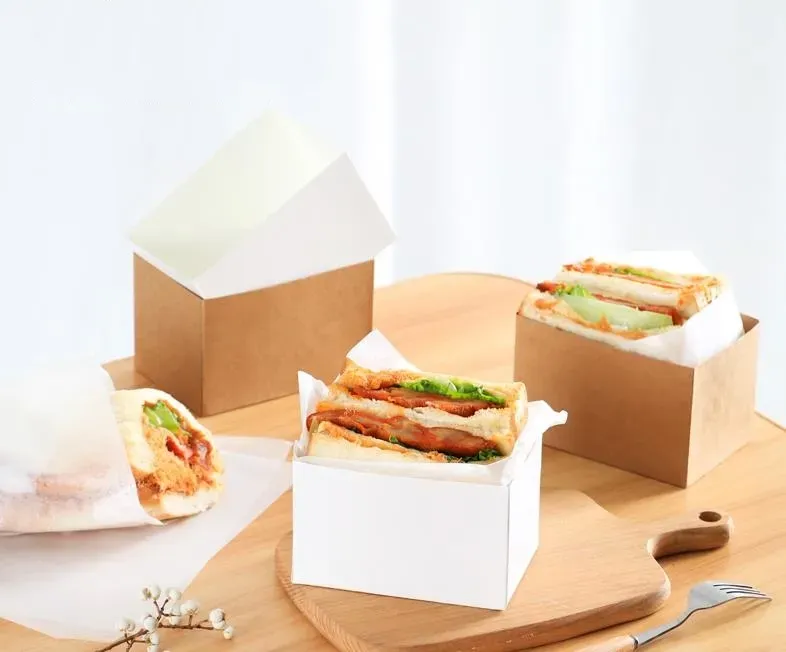 Kraft Paper Sandwiches Wrapping Box Thick Egg Toast Pane Colazione Scatole per imballaggio Burger Teatime Vassoio SN4474