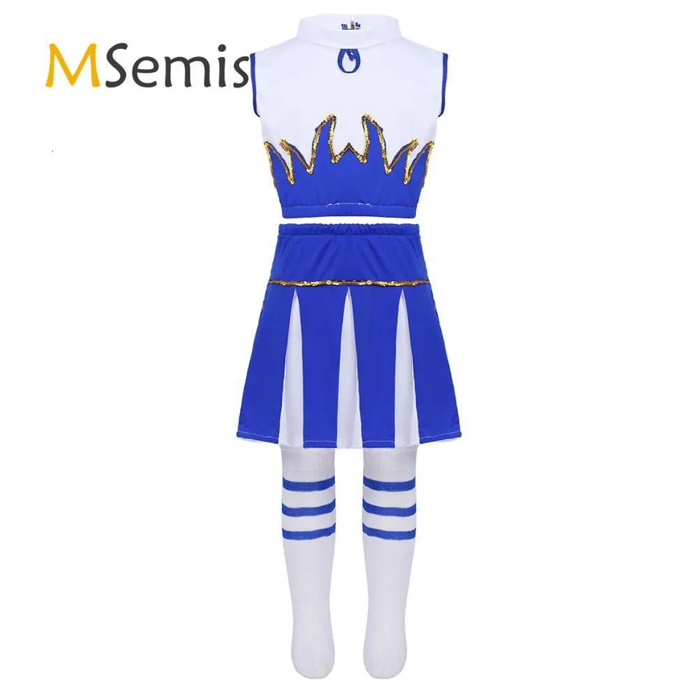 Cheerleading Kids Girls Cheerleader Costumes outfit Crop Top med kjol och strumpor danskläder uppsättning för skolflickor karneval cheerleading kläder 230420