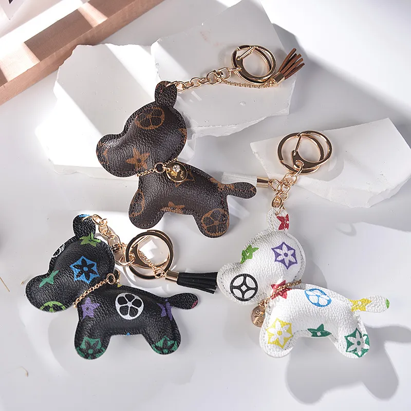 Dog Design Keychains Car Key Rings Holder, Fashion Brown Flower Keyrings Chains , Cute Bag Trinket Jewelry Accessories, Cartoon PU Leather Animal Pendants Charms Gifts