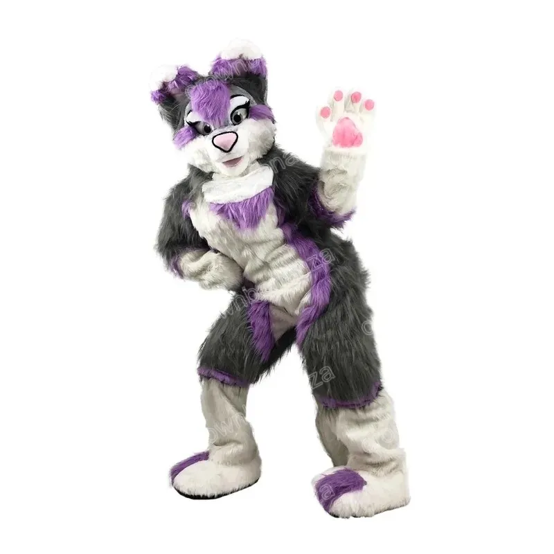Adult Size Purple Grey Fox Dog Husky Mascot Costumes Halloween Cartoon Character Outfit Suit Xmas Outdoor Party Outfit Unisex Promotional Advertising Clothings