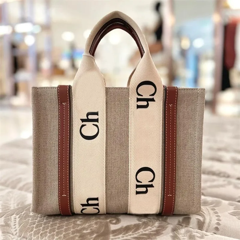 Lightweight ladies canvas designer bag woody tote bags simply linen sacoche unisex outdoor shopping bag beige spring summer picnic XB039 B23