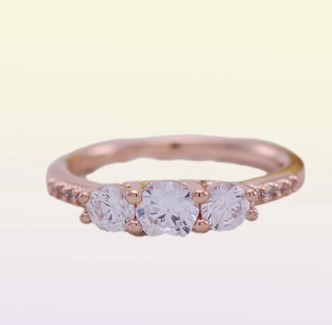 Clear Three-Stone Ring Authentic 925 Silver Rose gold plated Wedding Jewelry for CZ diamond girlfriend Gift Rings with Original box9287007