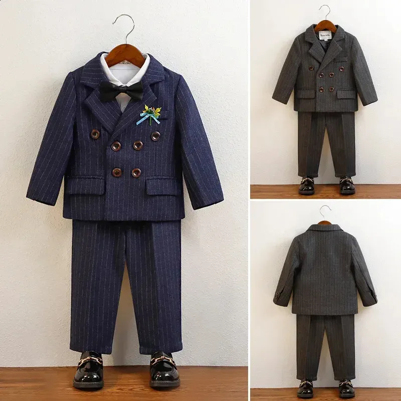 Anzüge für Jungen für Hochzeiten, modische Streifen-Blazer, formelle Hosen, Klavierkostüm, 1 bis 12 Jahre, Kindergeburtstag, Kleidungsset 231118