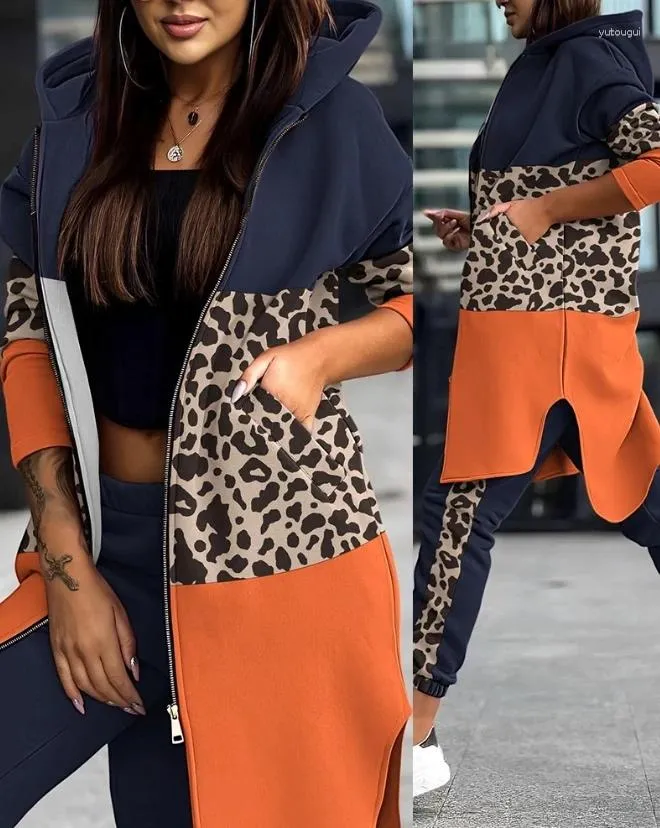 Femmes deux pièces pantalons ensemble femmes tenue automne mode imprimé léopard Colorblock poche fermeture éclair manteau à capuche décontracté quotidien revers