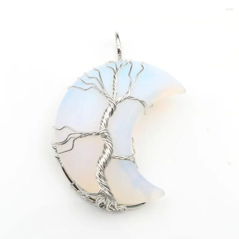 Pendant Necklaces Silver Plated Wire Wrap Tree Of Life Crescent Moon Opalite Opal Black Agates Transfer Lucky Gift Jewelry