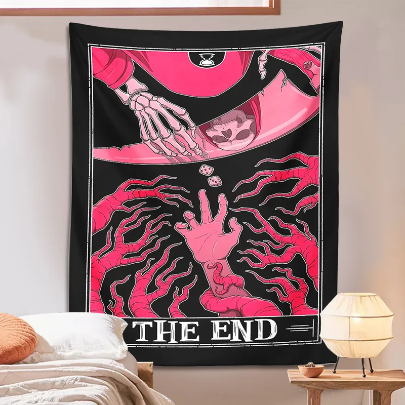 Tapestries Tarot Tapestry The End Psychedelic Hippie Bohemian Skeleton Hand Astrology Dispination Bed Bead Beach Mat Room Home Decor Tyg 230419