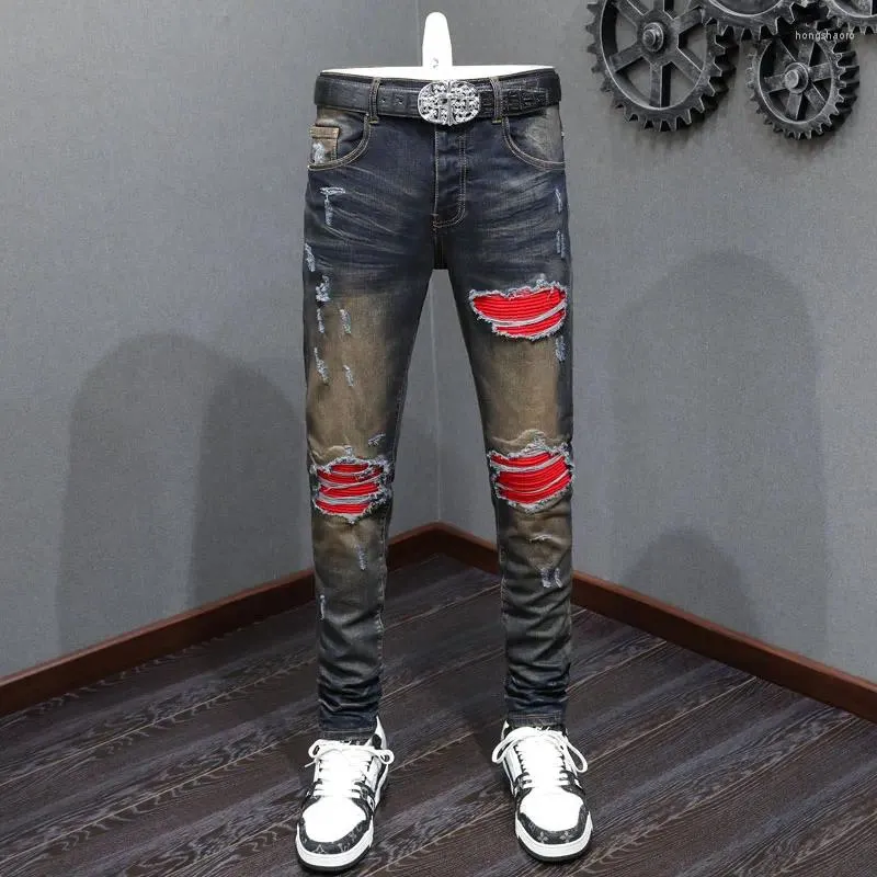 Jeans pour hommes Streetwear Mode Hommes Rétro Noir Gris Stretch Skinny Fit Ripped Rouge Patché Designer Hip Hop Marque Pantalon Homme