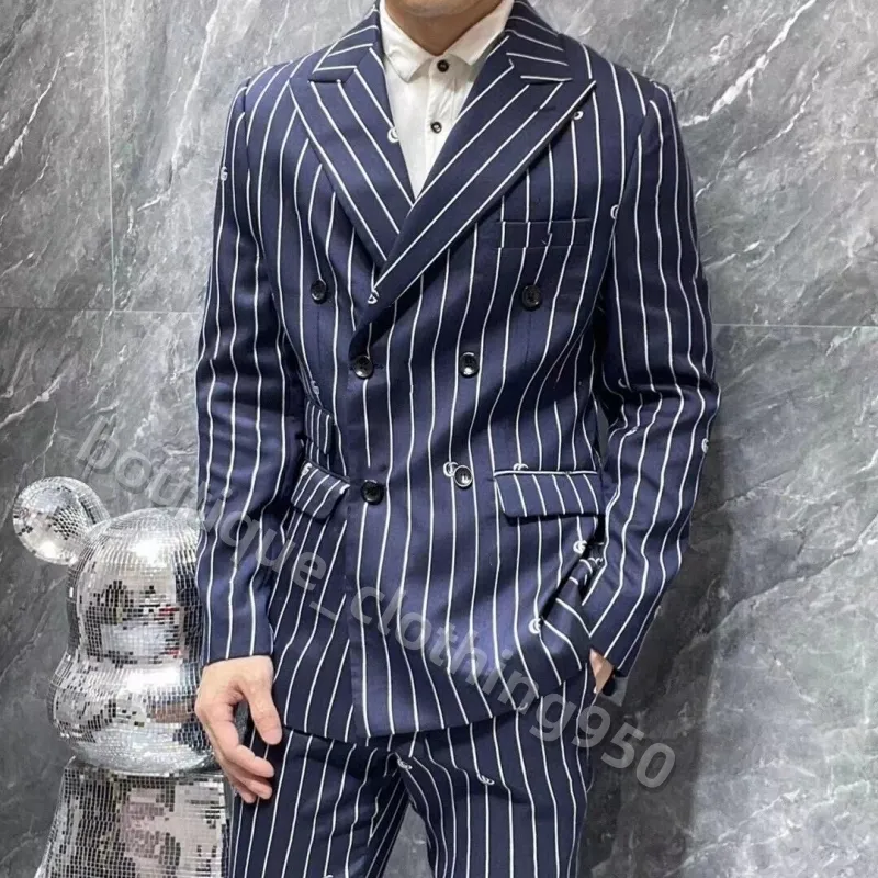 Luxur Designer Mens Suits Blazers Western-stil Leisure Clothes Letter Print Coats Womens samarbete Slim Fit Blue Ribbon Stripe Dress Su