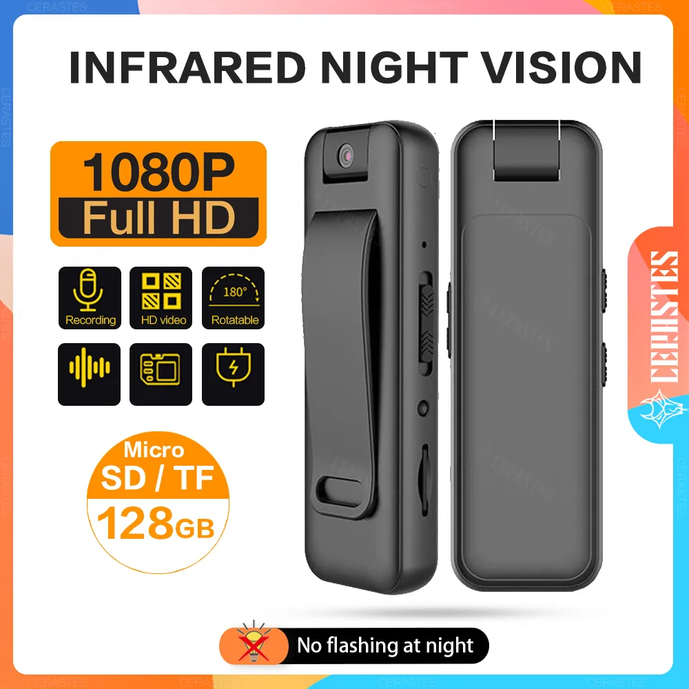 Caméras vidéo d'action sportive CERASTES Mini caméra Full HD 1080P Micro corps caméscope Vision nocturne DV enregistreur vocal vidéo avec 180 Len rotatif 230420