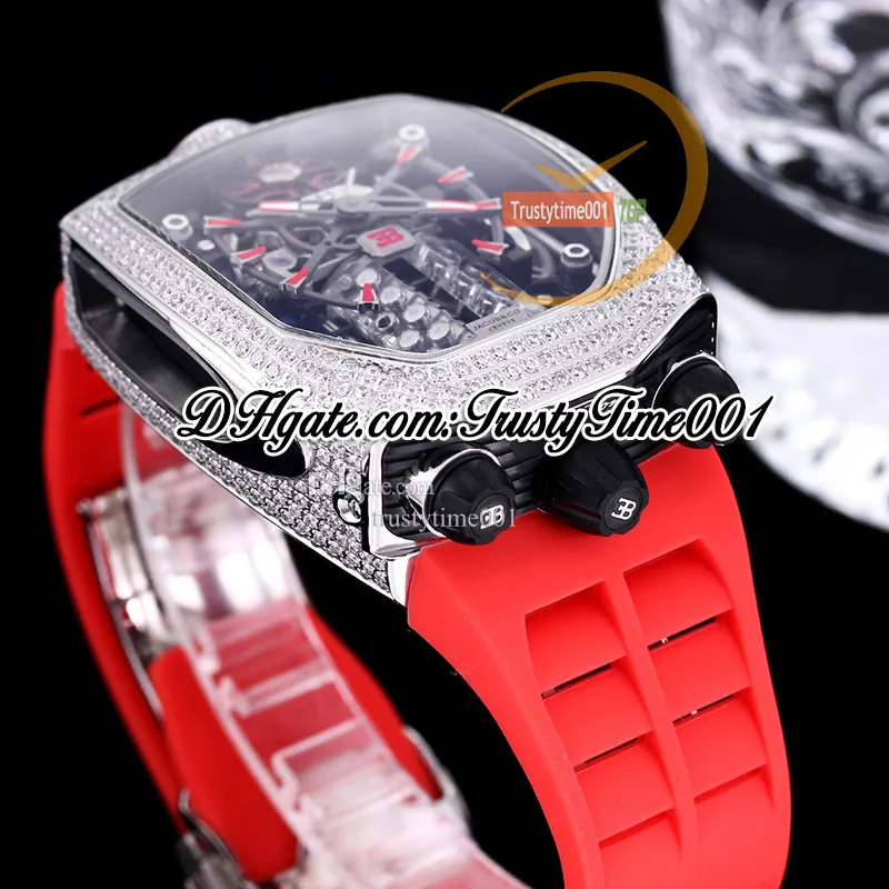 Bugatti Chiron Tourbillon Autoamtic Mens Watch 16 Cylinder Engine Skeleton Dial Iced Out Diamonds inlay Case Red Markers Rubber Band trustytime001Watches BU200.30