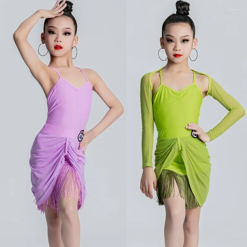 Vêtements de scène enfants vêtements de danse pour filles vert violet danse latine costume fendu haut sans manches jupes à franges robe de fille SL8193