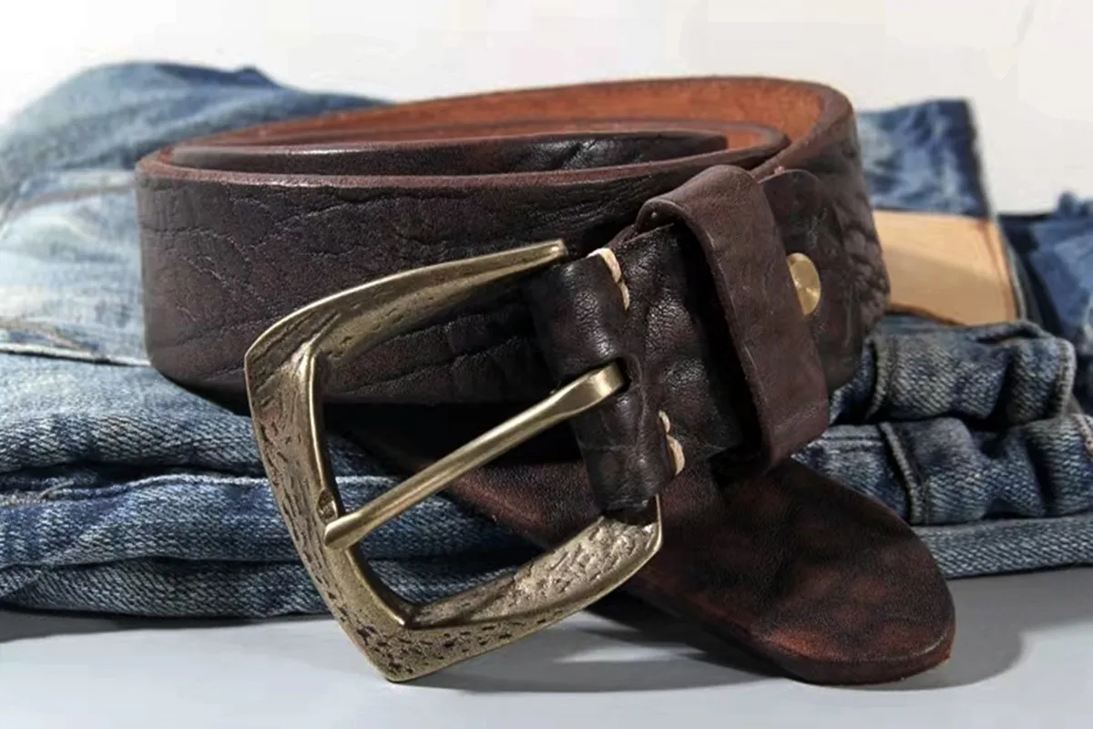Thick Leather Belt Mens, Vintage Cowboy Belt, Retro Yak Skin  display picture 1
