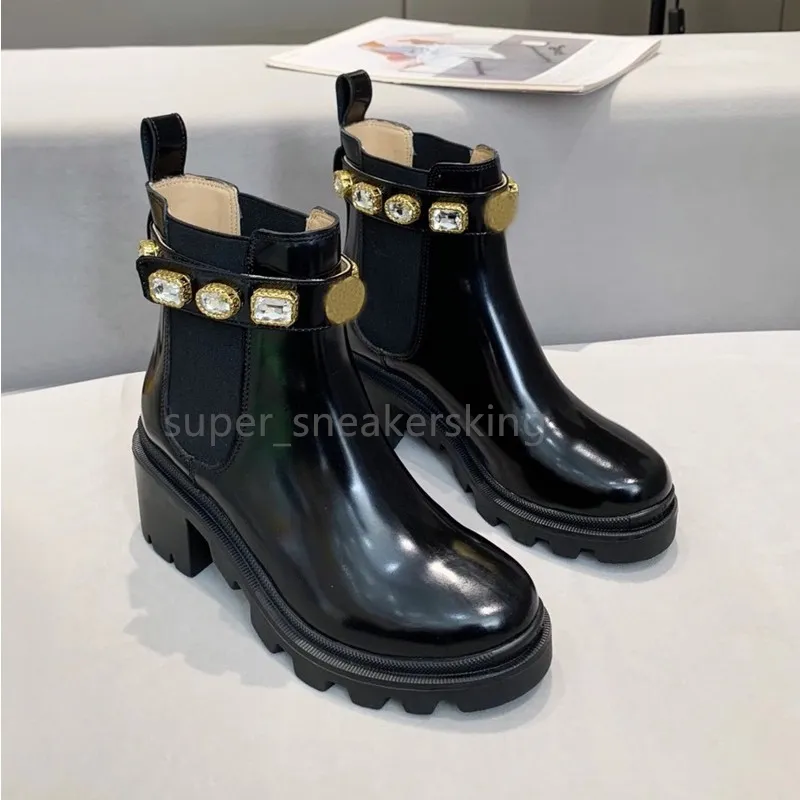 short boots 100% cowhide Belt buckle Metal women Shoes Classic Thick heels Leather designer shoe High heeled Fashion Diamond Lady boot Large size 35-42 With box