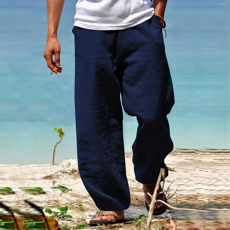 Pantaloni da uomo in cotone e lino Harem, casual, con coulisse, elastico in vita, da spiaggia, allentati, per yoga, uomo, in schiuma, Star House Memory