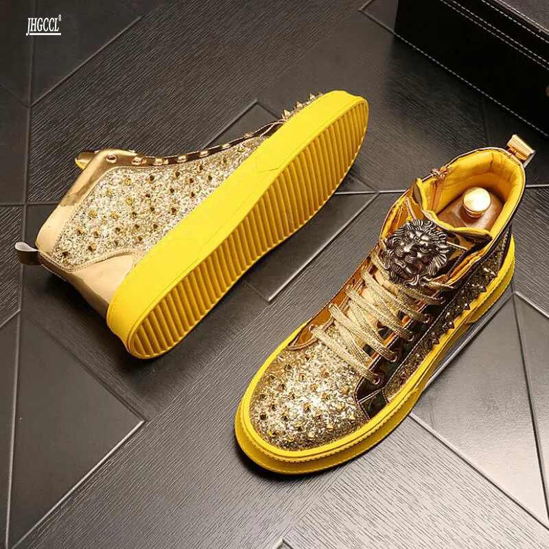 Men New Boots s Riveted Sequin Personality High Top Korean Version of Middle Help Flat Soft Sole Casual Shoes A Peronality Verion St Caual Shoe