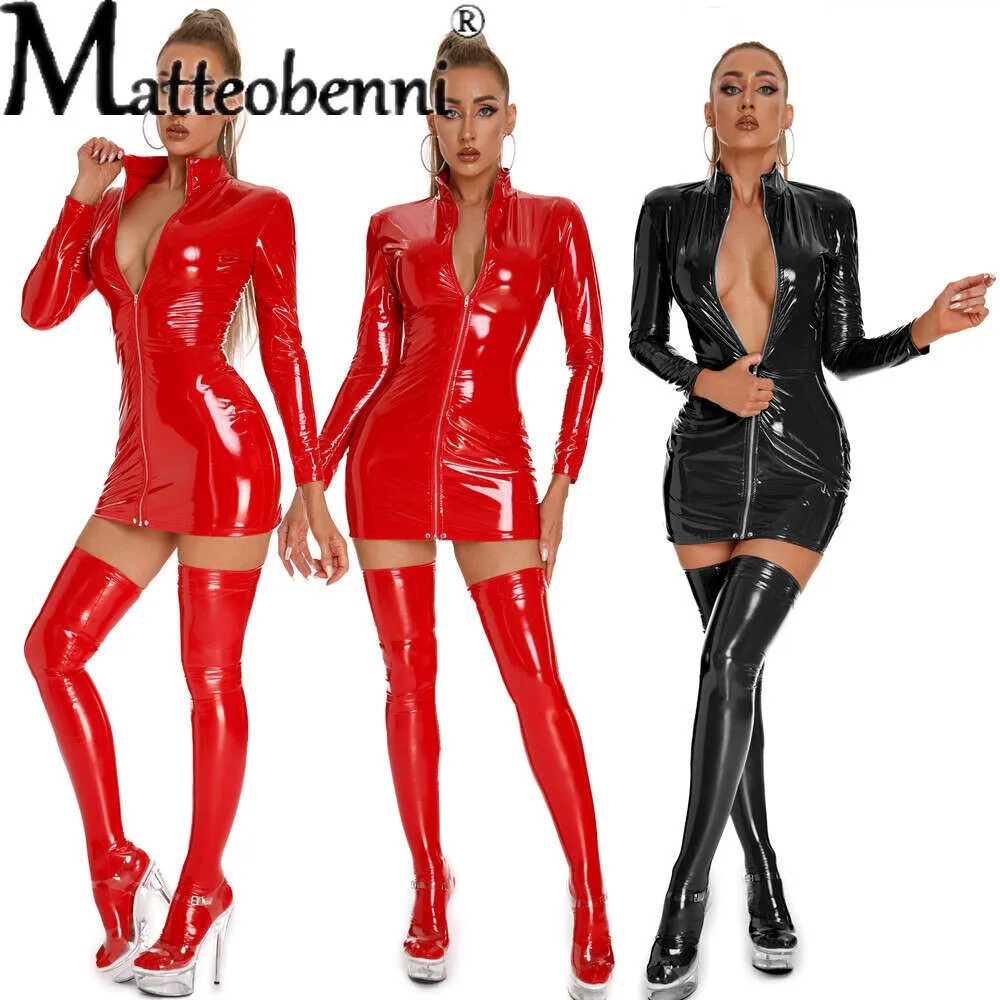 Long Sleeve PU Leather With Stockings Female Bodysuit Women High Elastic Catsuit Sexy Latex Lingerie Erotic Red Dress
