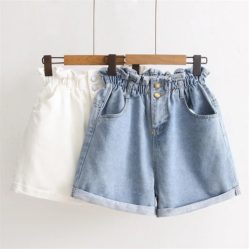 Kvinnors shorts sommaren hög midja denim shorts kvinnor avslappnade löst damer mode rulla upp hem elastisk midja ficka blå vit jeans kvinna 230420