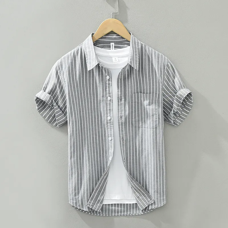 Casual shirts voor heren grijs gestreepte shirts met korte mouwen voor mannen casual turn-down kraag tops man zomer nieuwe mode button up shirt kleding 230420