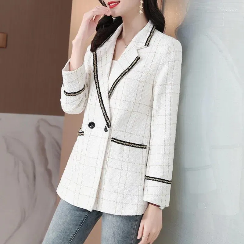 Women's Jackets Nice Women Spring Autumn Fashion Double Breasted Plaid Tweed Blazer Coat Vintage Long Sleeve OL Female Outerwear Chic