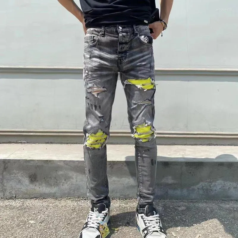 Jeans masculinos rua moda homens retro preto cinza estiramento magro rasgado amarelo couro remendado designer hip hop marca calças