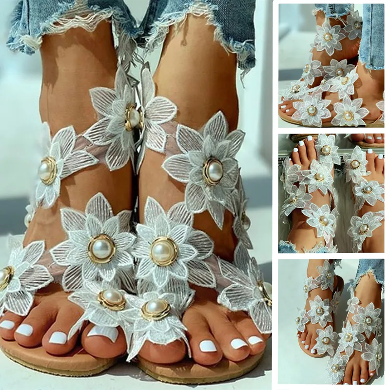 Sandali Donna Sandali Stile Boho Scarpe estive per donna Sandali piatti Scarpe da spiaggia Fiori Infradito Chaussures Femme 6 colori 35-44 230420