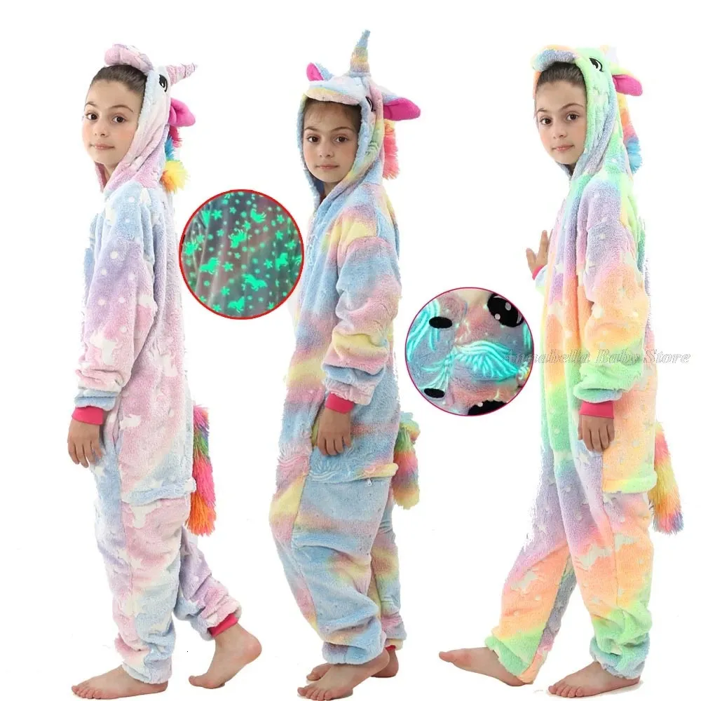 Pijamas Kigurumi Anime Onesie brillan en la oscuridad mono de invierno para niños pijamas para niñas ropa de dormir para niños Pijama unicornio Panda monos 231120