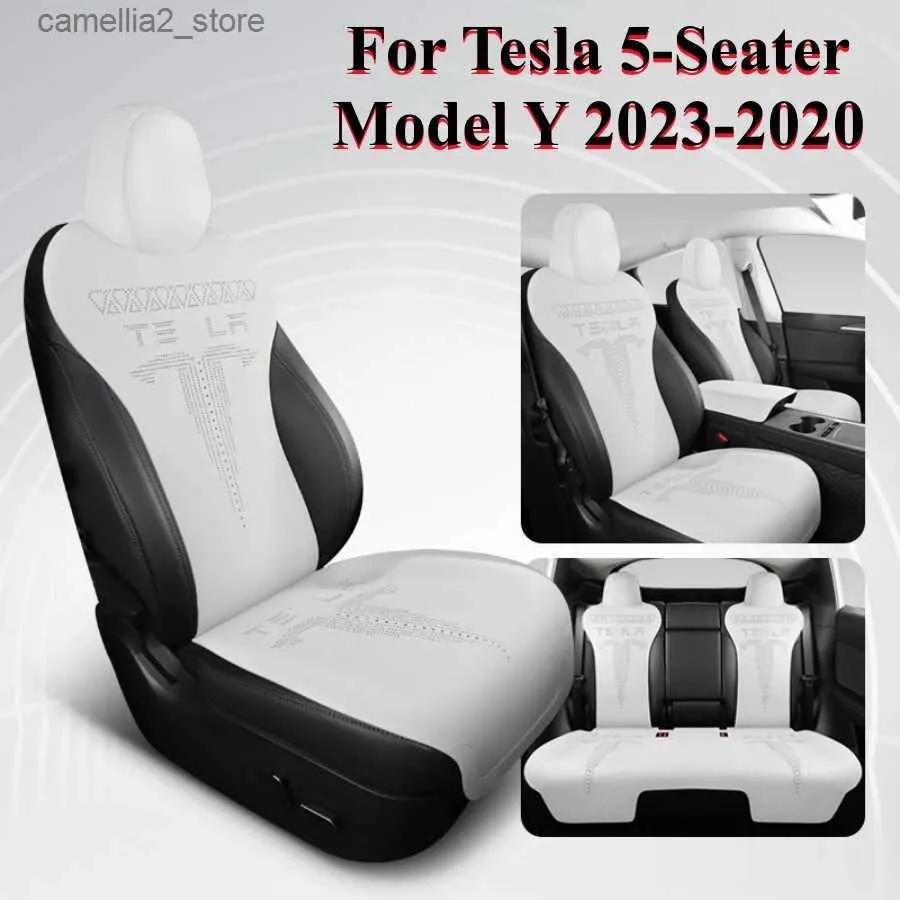 Coprisedili per auto per Tesla Model Y 2023-2020 Coprisedili per auto Cuscino protettivo per sedile in pelle scamosciata traspirante per tutte le stagioni con bracciolo imbottito Modello Y a 5 posti Q231120