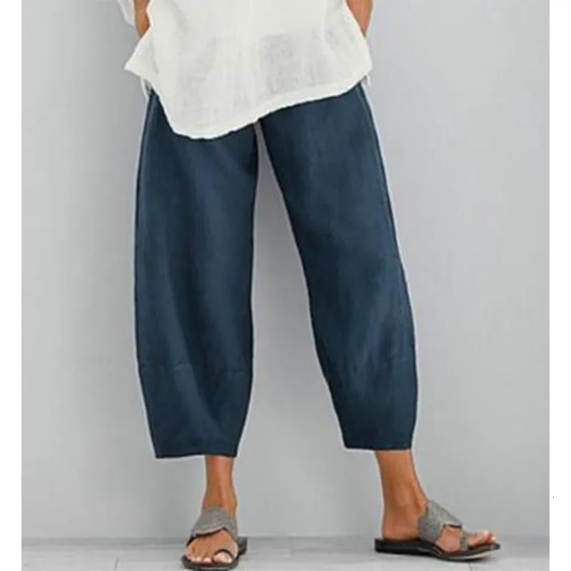 Pantalones de mujer Algodón Lino Suelto Comodidad Cintura elástica Harem Vintage Sólido Casual Bolsillos Pantalones de pierna ancha Recortados 230419