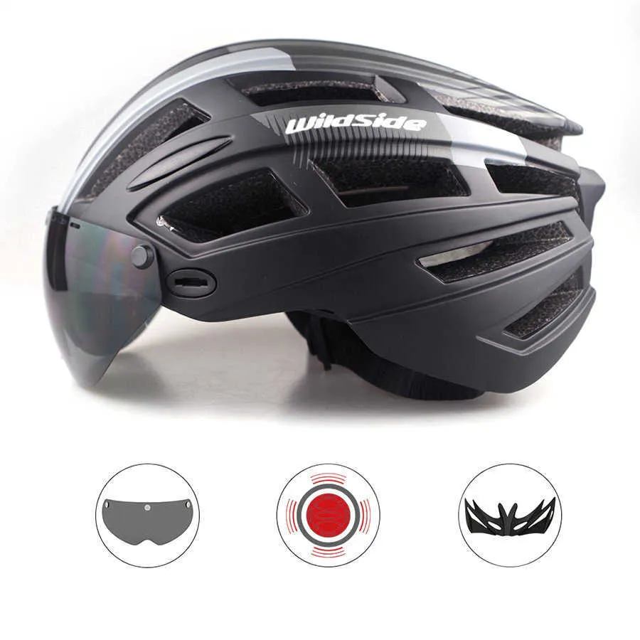 Casques de vélo Wildside Ultralight Casque de sécurité pour vélo en plein air Casque de feu arrière de vélo Amovible Visière à 4 lentilles Casque de vélo de route de montagne P230419