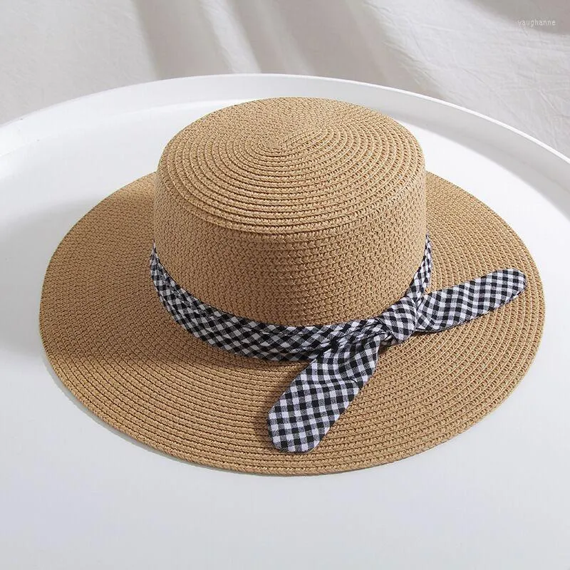 Wide Brim Hats British Retro Flat Top Straw Hat Plaid Bow Boater Beach Women's Summer Fedora Panama Travel Sun Cap Gorras