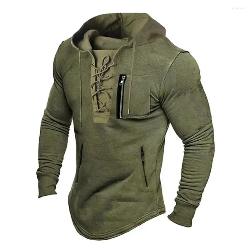 Felpe con cappuccio da uomo tinta unita uomo top felpa con cappuccio primaverile streetwear media lunghezza elegante pizzo con coulisse tasche con cerniera morbide per l'autunno