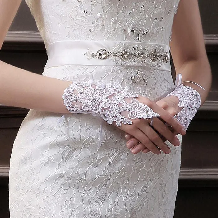 Guanti a cinque dita Donna Inverno Sposa Abito da festa nuziale Abito da sera senza dita con strass in pizzo e raso da ballo da donna