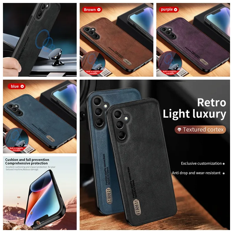 schokbestendige hoesjes voor iphone 15 pro max 14 plus 13 12 11 x xr xs 8 7 iphone15 magneet ondersteuning autobeugel mat retro mat pu leer harde pc tpu mobiele telefoon achterkant