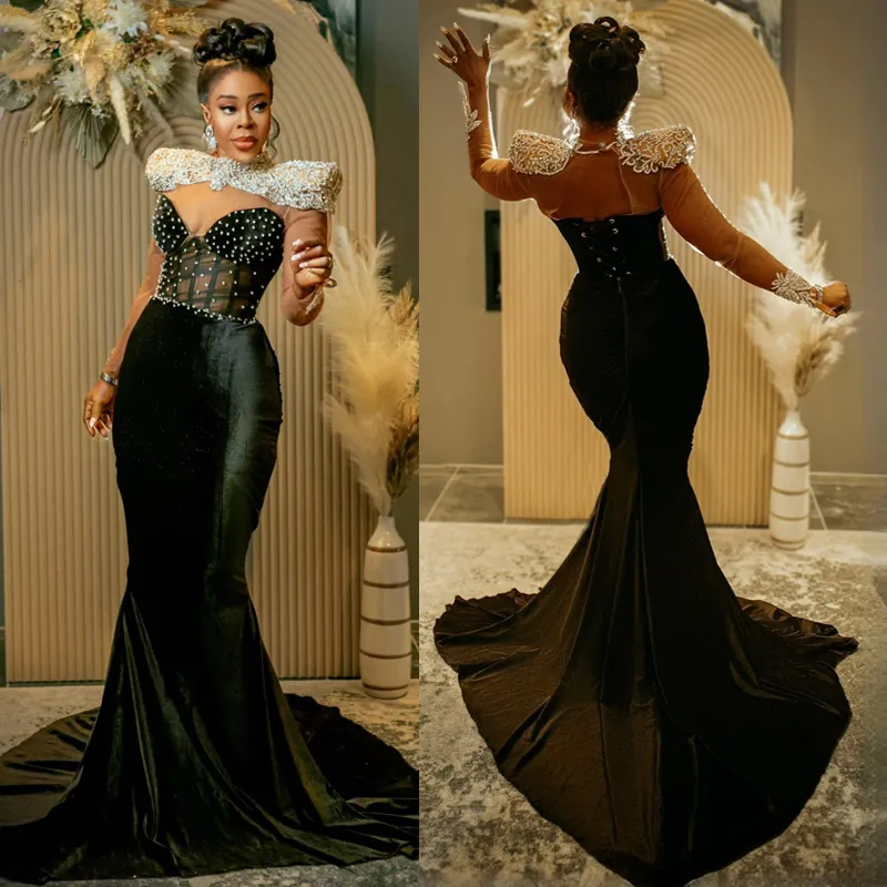 2023 Arabe Aso Ebi Noir Sirène Velours Paillettes Luxueux Robes De Bal Avec Des Strass Perles Vestes Sirène Soirée Formelle Deuxième Robe De Réception Robe