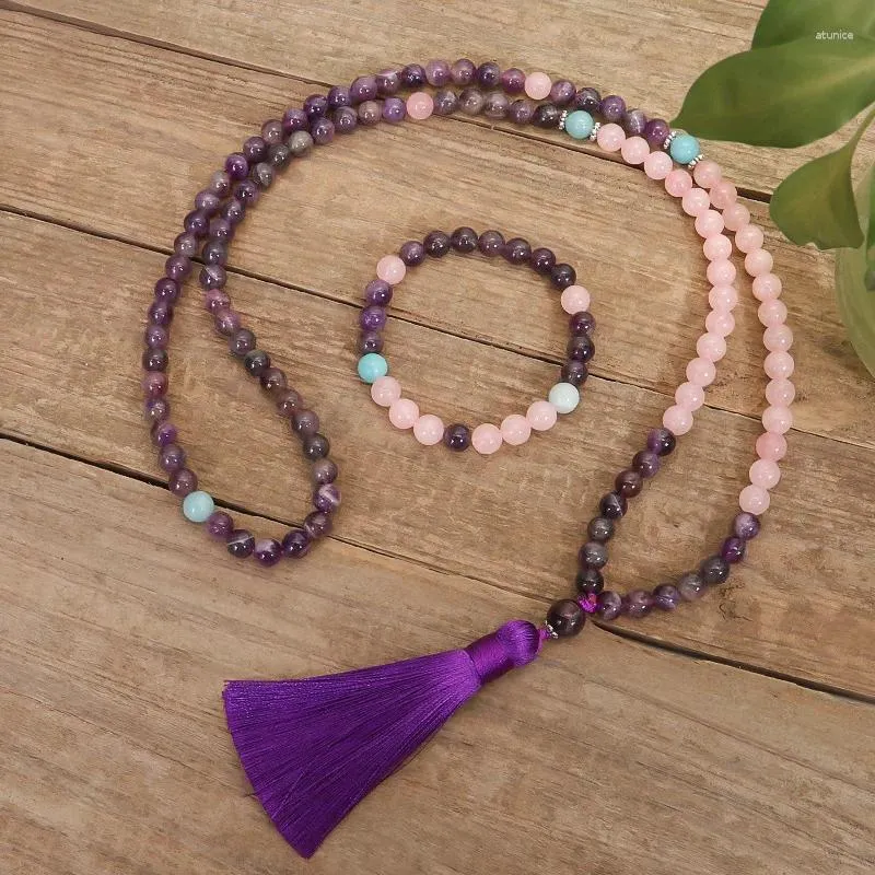 Hanger Kettingen NS0226 RoseQuartz En Paarse Kwarts Ketting 108 Mala Kraal Yoga Armband Gebed Kralen Kwastje Sieraden