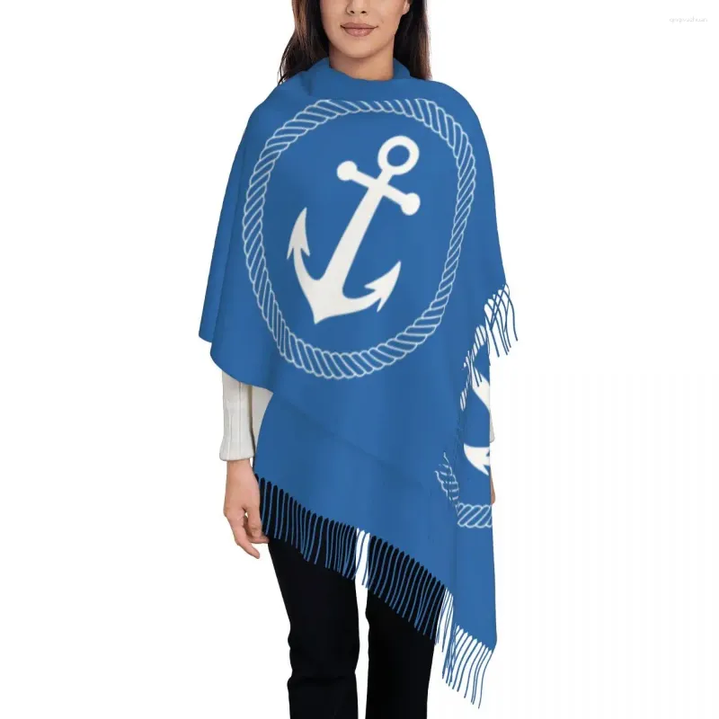 Sciarpe Sciarpa da donna con nappa, ancora e corda da vela, grande, caldo inverno, scialle, oceano, timone nautico, abbigliamento quotidiano, pashmina