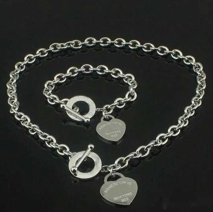 Vendre anniversaire noël cadeau chaud 925 argent amour chaîne collier bracelet ensemble bijoux coeur pendentif colliers pour femmes bracelet ensembles 2 en 1