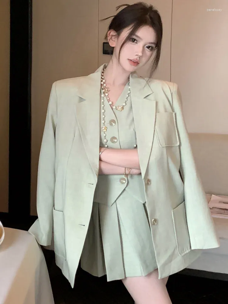 Work Dresses Autumn Elegant Fashion Streetwear Three Piece Set Women Loose Blazer Coat Vest Pleated Skirt Suits Korean OL 3 Sets