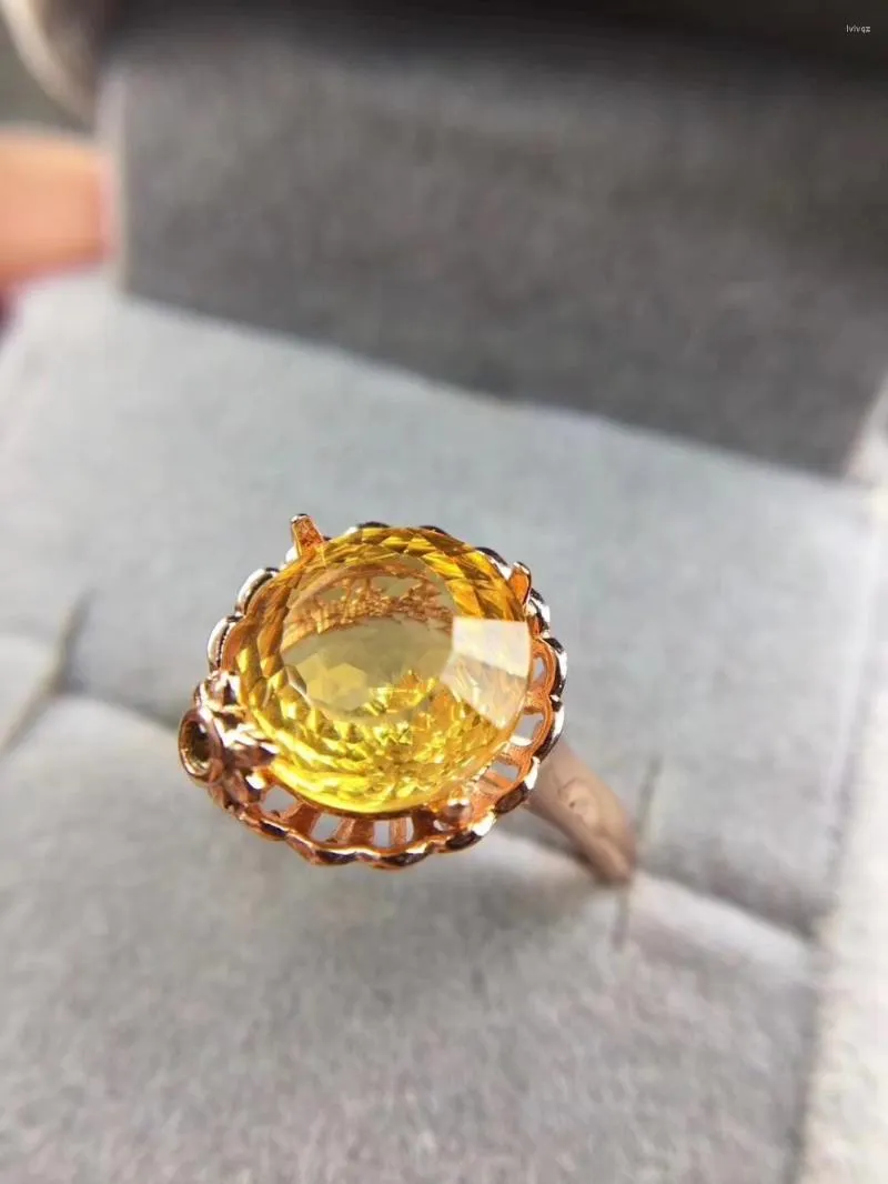 Pierścienie klastra pierścień cytrynowy prawdziwy naturalny 925 srebrny srebrny żółty klejnot 10 mm