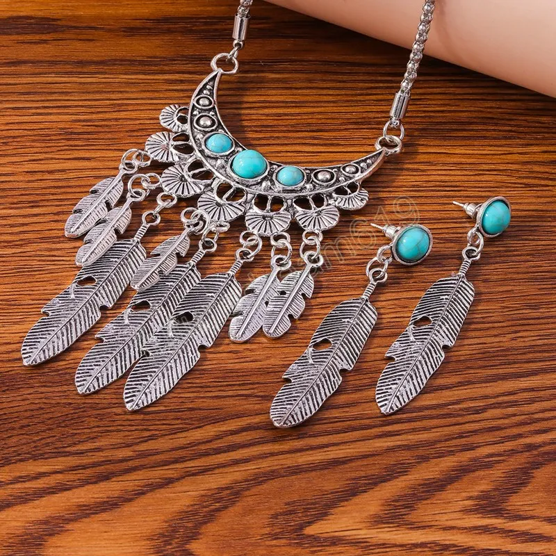 Ethnic Vintage Feather Pendant Necklaces Earrings Jewelry Sets for Women Bohemian Turquoises Blue Stone Necklace Sets