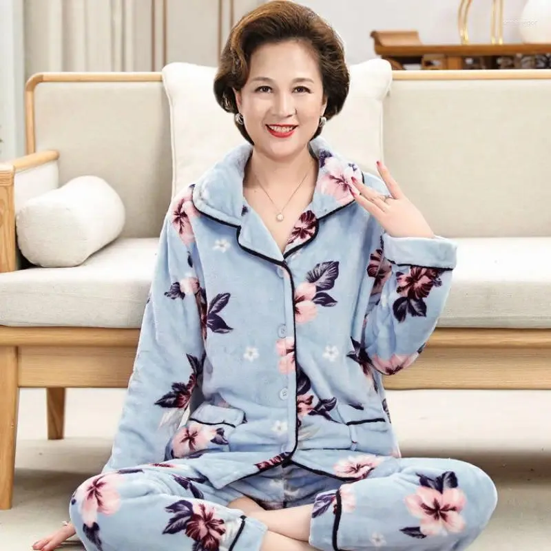 Women's Sleepwear Middle-aged Elderly Suit Coral Velvet Pajamas Female Mother Autumn Winter Thickened Warm Flannel Loungewear Set