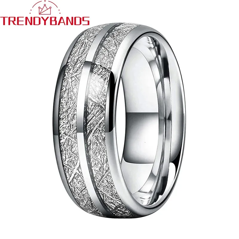 Band Rings 8mm Wedding Band Tungsten Förlovningsringar för män Kvinnor Kupoled Meteorite Inlay Comfort Fit 231118
