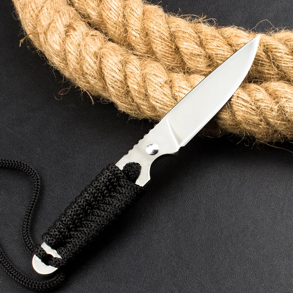 New Outdoor Survival Straight Knife 440C Satin Blade Full Tang Paracord Handle Fixed Blade Knives with ABS Sheath