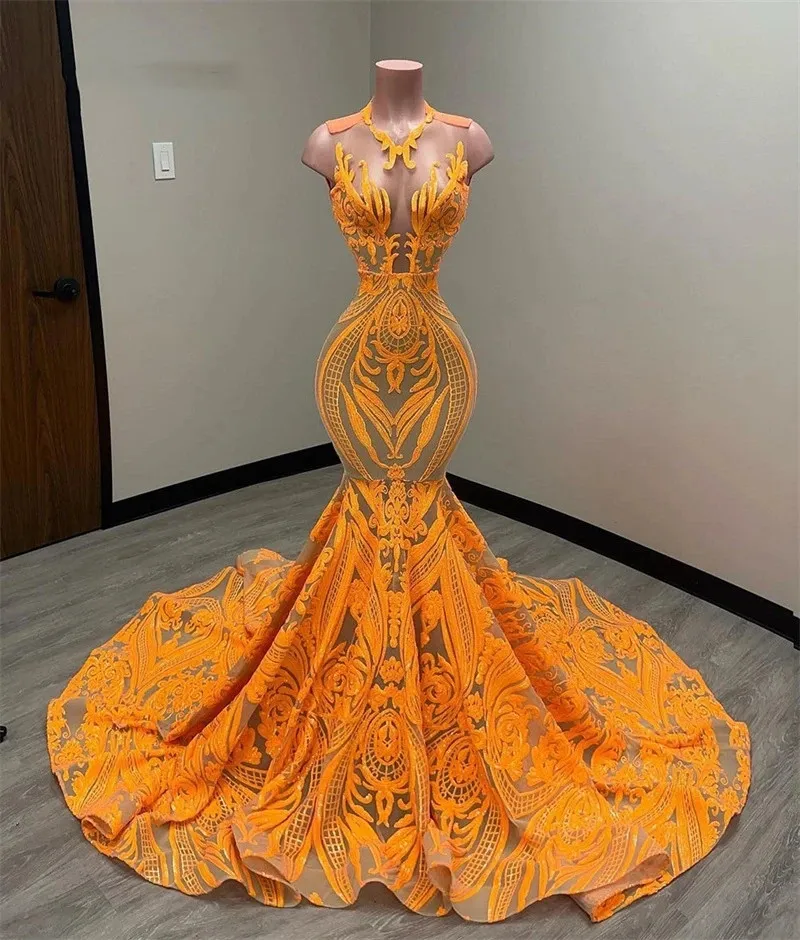 Orange Mermaid Prom Sparkly Dresses 2023 Sexig Glitter Sequins Födelsedagsexamen Hemkommande festklänningar Robe de Bal