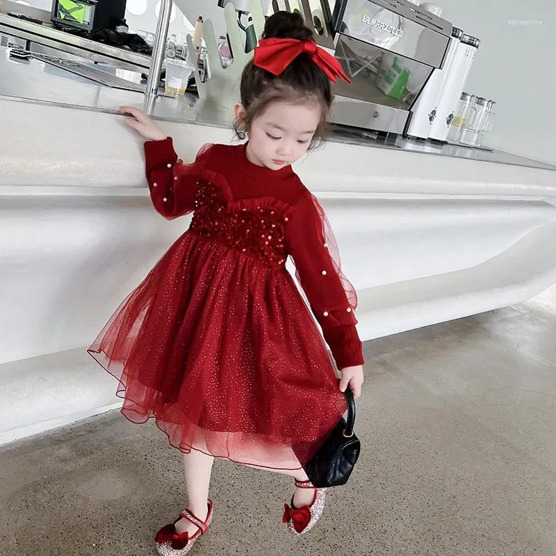 Abiti da ragazza Neonate Principessa Abito con paillettes Natale Rosso Abbigliamento moda Abbigliamento Bellissimo abito da festa in tulle patchwork a maniche lunghe