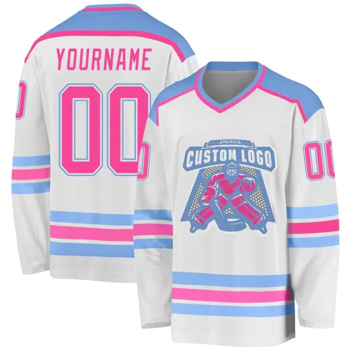 Maillot de hockey personnalisé blanc rose-bleu clair