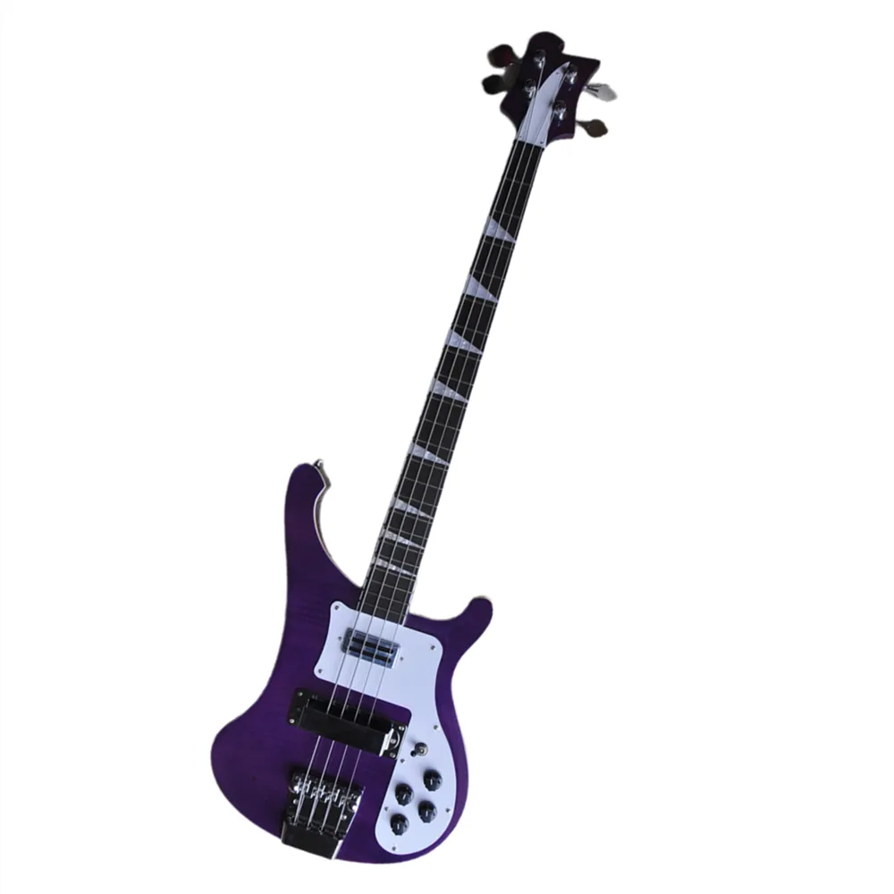 E-Bass mit 4 Saiten, violettem Korpus und Decke aus geflammtem Ahorn. Angebotslogo/Farbe anpassen